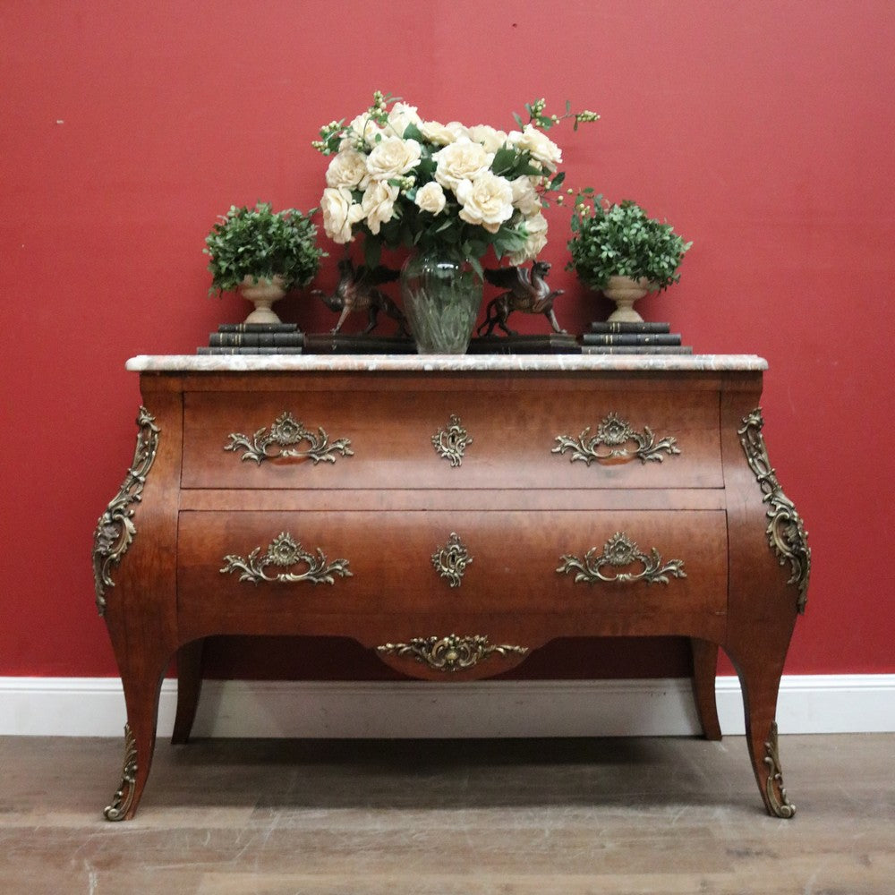 Antique French Walnut and Marble Chest of Drawers or Hall Way Cabinet, Gilt Brass Mounts and Handles. B12087