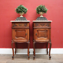 Load image into Gallery viewer, x SOLD Pair of Antique French Oak and Marble Top Bedside Cabinets or Lamp Tables. B12090
