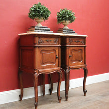 Load image into Gallery viewer, x SOLD Pair of Antique French Oak and Marble Top Bedside Cabinets or Lamp Tables. B12090
