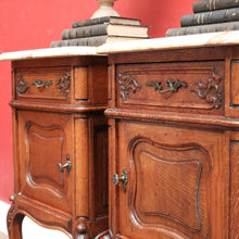 Load image into Gallery viewer, x SOLD Pair of Antique French Oak and Marble Top Bedside Cabinets or Lamp Tables. B12090
