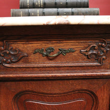 Load image into Gallery viewer, x SOLD Pair of Antique French Oak and Marble Top Bedside Cabinets or Lamp Tables. B12090
