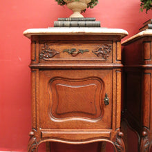 Load image into Gallery viewer, x SOLD Pair of Antique French Oak and Marble Top Bedside Cabinets or Lamp Tables. B12090
