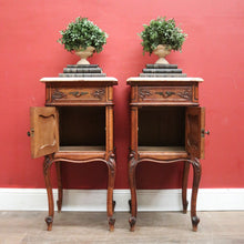 Load image into Gallery viewer, x SOLD Pair of Antique French Oak and Marble Top Bedside Cabinets or Lamp Tables. B12090
