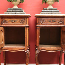 Load image into Gallery viewer, x SOLD Pair of Antique French Oak and Marble Top Bedside Cabinets or Lamp Tables. B12090
