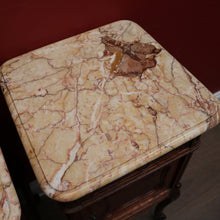 Load image into Gallery viewer, x SOLD Pair of Antique French Oak and Marble Top Bedside Cabinets or Lamp Tables. B12090
