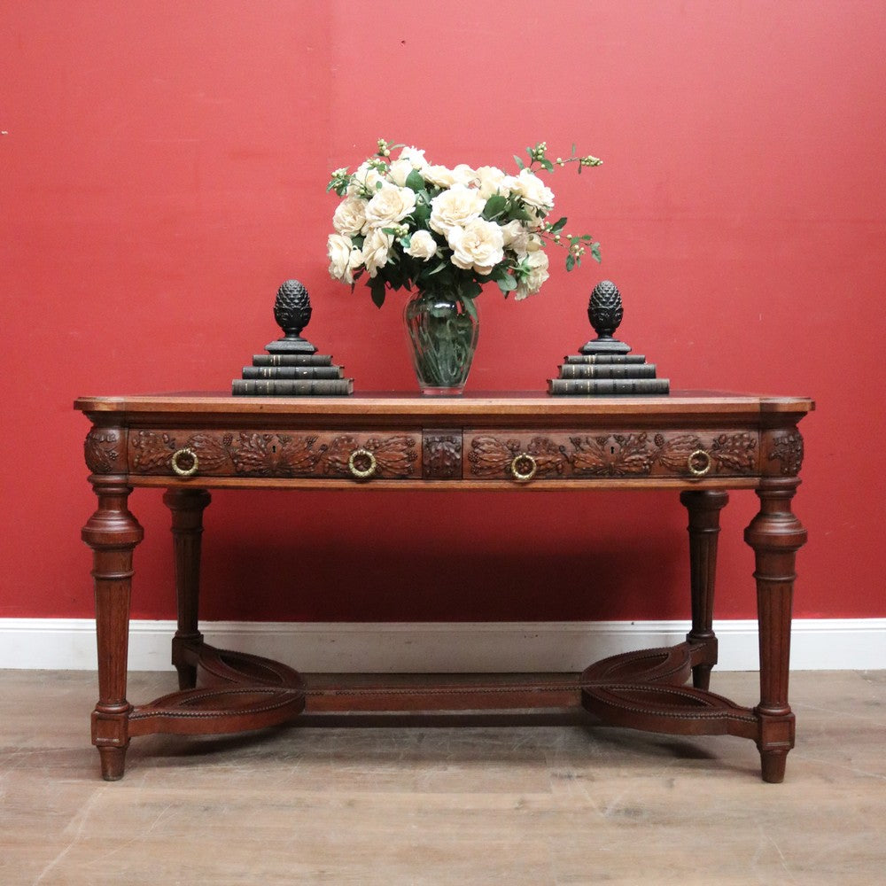 x SOLD Antique French Oak Stretcher base two Drawer Office Desk, Writing Desk, hall Table. B12108