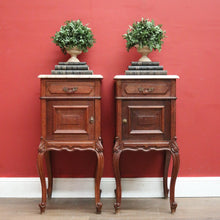 Load image into Gallery viewer, A Pair of Antique French Oak and Marble Bedside Cabinets or Bedside Tables. B12091
