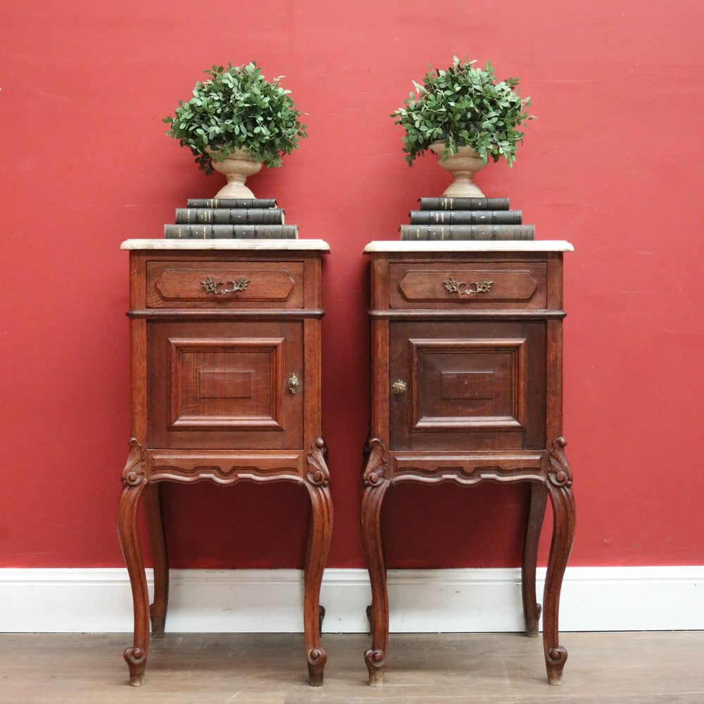 A Pair of Antique French Oak and Marble Bedside Cabinets or Bedside Tables. B12091