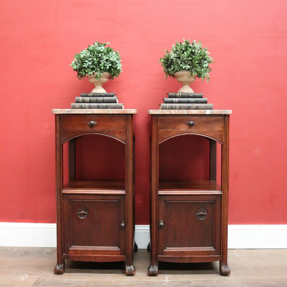 A Pair of Antique French Art Nouveau Bedside Cabinets or Lamp Tables with Marble Tops, B12097