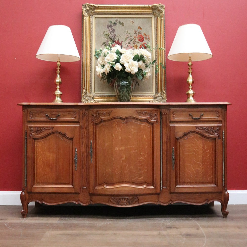 Antique French Oak Three-door, Two-drawer Sideboard Buffet. Three Keys, Parquetry Top. B12134