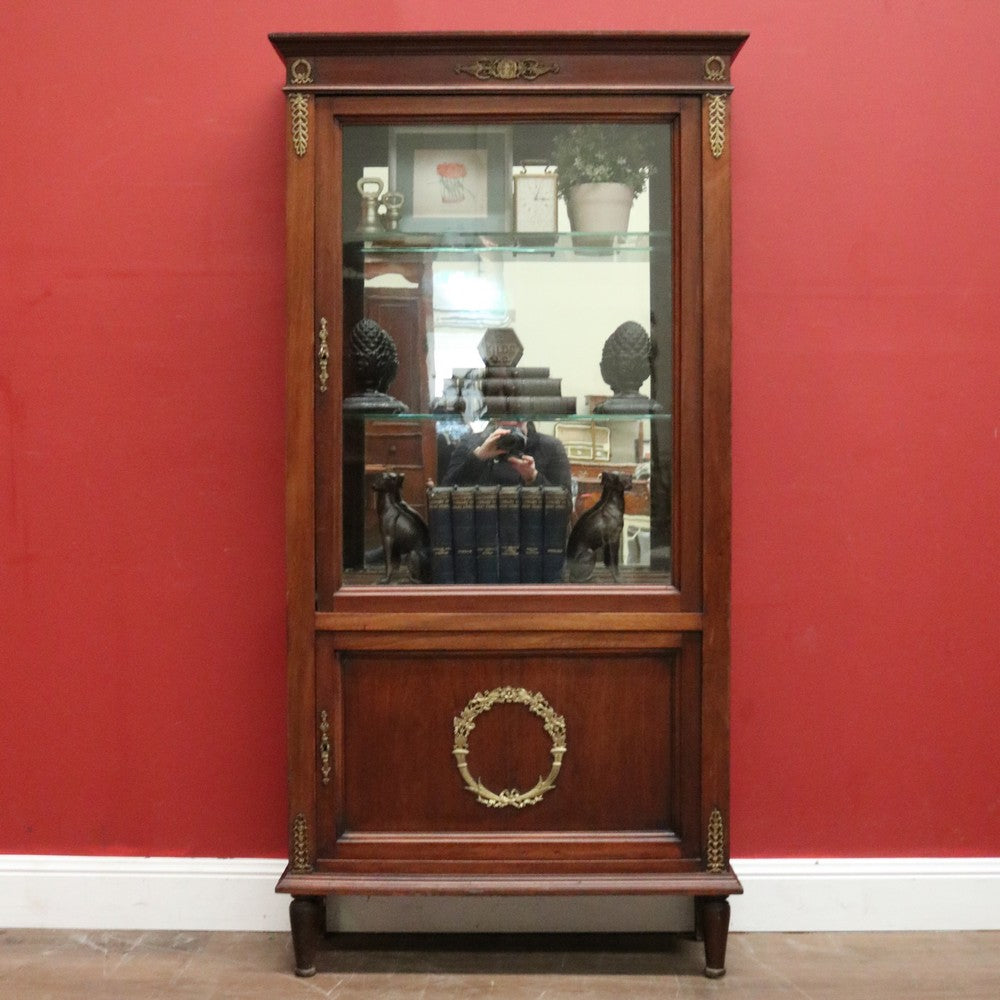 Antique French Walnut and Glass Two Door Narrow China Cabinet with Glass Shelves. B12139