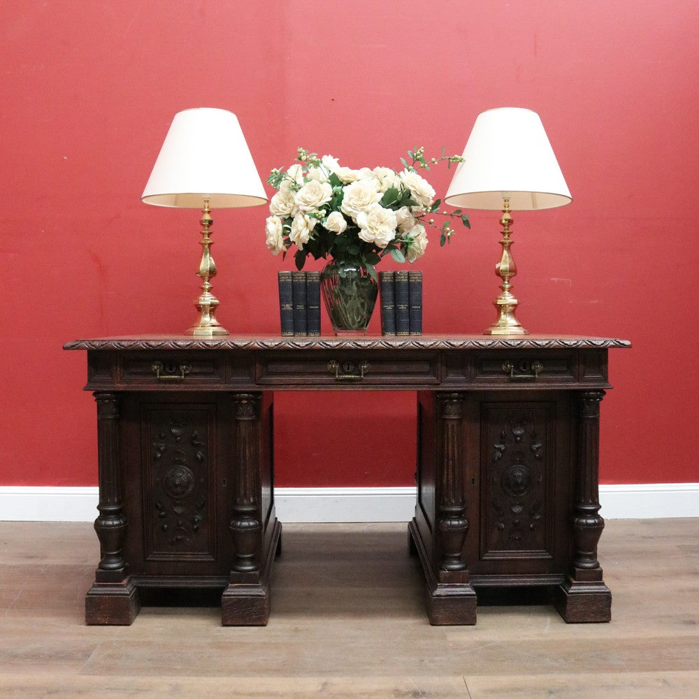 x SOLD Antique French Oak Twin Pedestal Office Desk, Three Drawer Desk with Drawers and Brass Handles. B12173