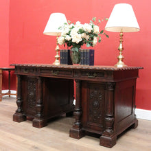 Load image into Gallery viewer, x SOLD Antique French Oak Twin Pedestal Office Desk, Three Drawer Desk with Drawers and Brass Handles. B12173
