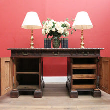 Load image into Gallery viewer, x SOLD Antique French Oak Twin Pedestal Office Desk, Three Drawer Desk with Drawers and Brass Handles. B12173
