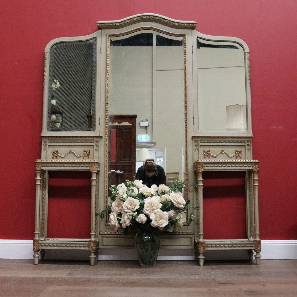 Antique Hand-painted French Grey and Gilt Tri-Mirror Hall Stand, Bevelled Mirror. B12138