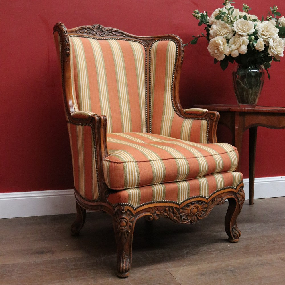 x SOLD Antique French Armchair, Cherrywood and Fabric, Wing Back Chair, Feather/Down Cushion. B12111