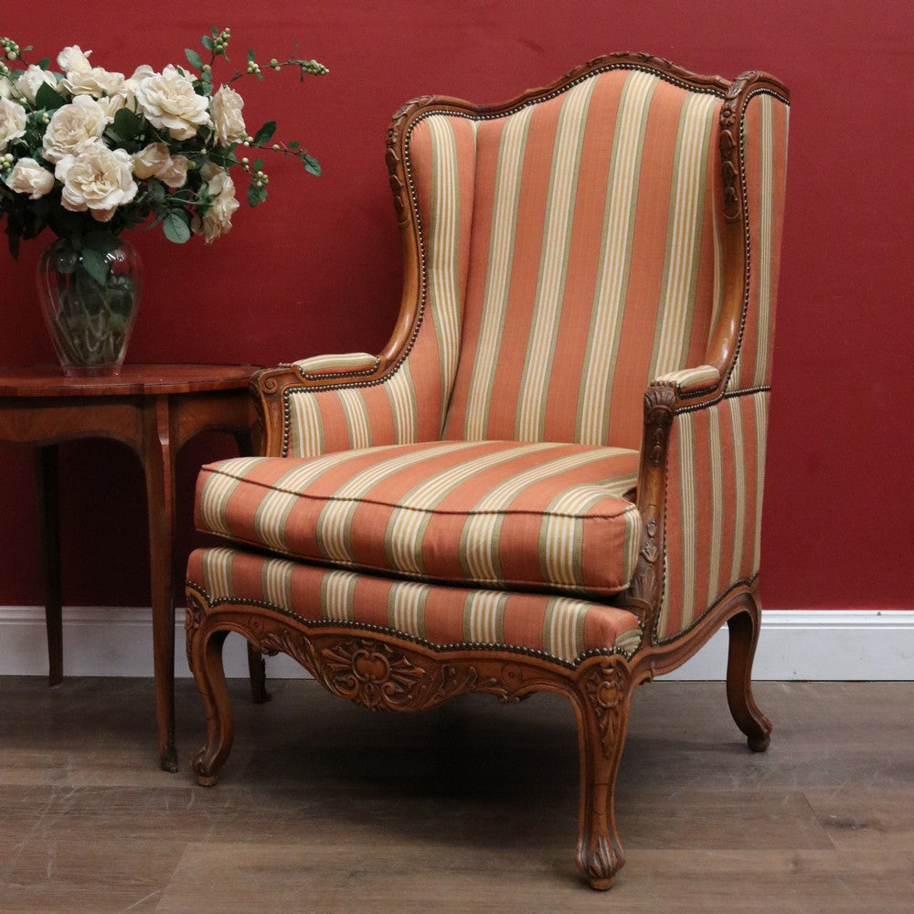 Antique French Armchair, Cherrywood and Fabric, Wing Back Chair, Feather/Down Cushion. B12112