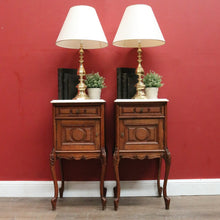 Load image into Gallery viewer, x SOLD Antique French Oak and Marble Top Bedside Cabinets or Lamp Tables. B12085
