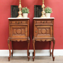 Load image into Gallery viewer, x SOLD Antique French Oak and Marble Top Bedside Cabinets or Lamp Tables. B12085
