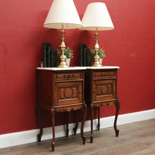 Load image into Gallery viewer, x SOLD Antique French Oak and Marble Top Bedside Cabinets or Lamp Tables. B12085
