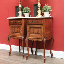 Load image into Gallery viewer, x SOLD Antique French Oak and Marble Top Bedside Cabinets or Lamp Tables. B12085
