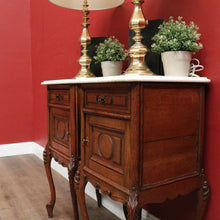 Load image into Gallery viewer, x SOLD Antique French Oak and Marble Top Bedside Cabinets or Lamp Tables. B12085
