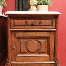 Load image into Gallery viewer, x SOLD Antique French Oak and Marble Top Bedside Cabinets or Lamp Tables. B12085
