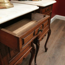 Load image into Gallery viewer, x SOLD Antique French Oak and Marble Top Bedside Cabinets or Lamp Tables. B12085
