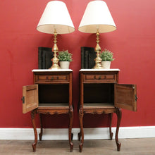 Load image into Gallery viewer, x SOLD Antique French Oak and Marble Top Bedside Cabinets or Lamp Tables. B12085
