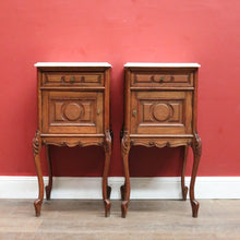 Load image into Gallery viewer, x SOLD Antique French Oak and Marble Top Bedside Cabinets or Lamp Tables. B12085
