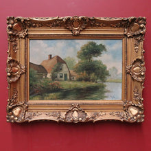 Load image into Gallery viewer, Antique Dutch Framed (Gilt Frame) Cottage or House by a Stream, Cottage Scene B12144
