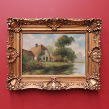 Load image into Gallery viewer, Antique Dutch Framed (Gilt Frame) Cottage or House by a Stream, Cottage Scene B12144
