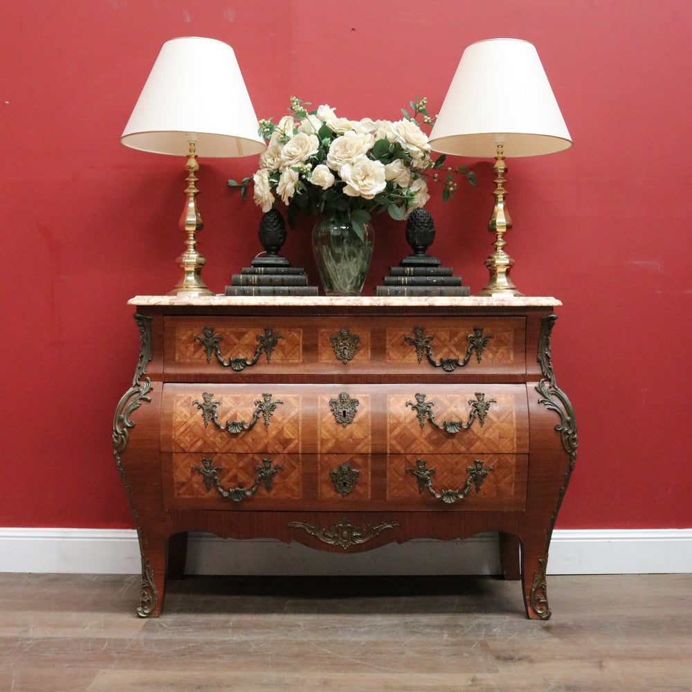 Antique Chest of Drawers, French, Walnut, Gilt Brass, Marble Top, 3 Drawers, Key. B12100