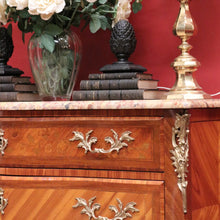 Load image into Gallery viewer, Antique French Walnut, Gilt Brass and Marble Top Three Drawer, Chest of Drawers. B12136
