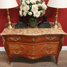 Load image into Gallery viewer, Antique French Walnut, Gilt Brass and Marble Top Three Drawer, Chest of Drawers. B12136
