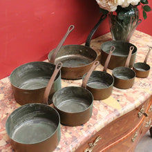 Load image into Gallery viewer, Eight Antique Copper and Cast Iron Saucepans - Antwerpen (Antwerp), Belgium B12047
