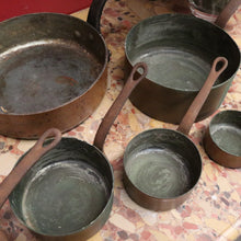 Load image into Gallery viewer, Eight Antique Copper and Cast Iron Saucepans - Antwerpen (Antwerp), Belgium B12047
