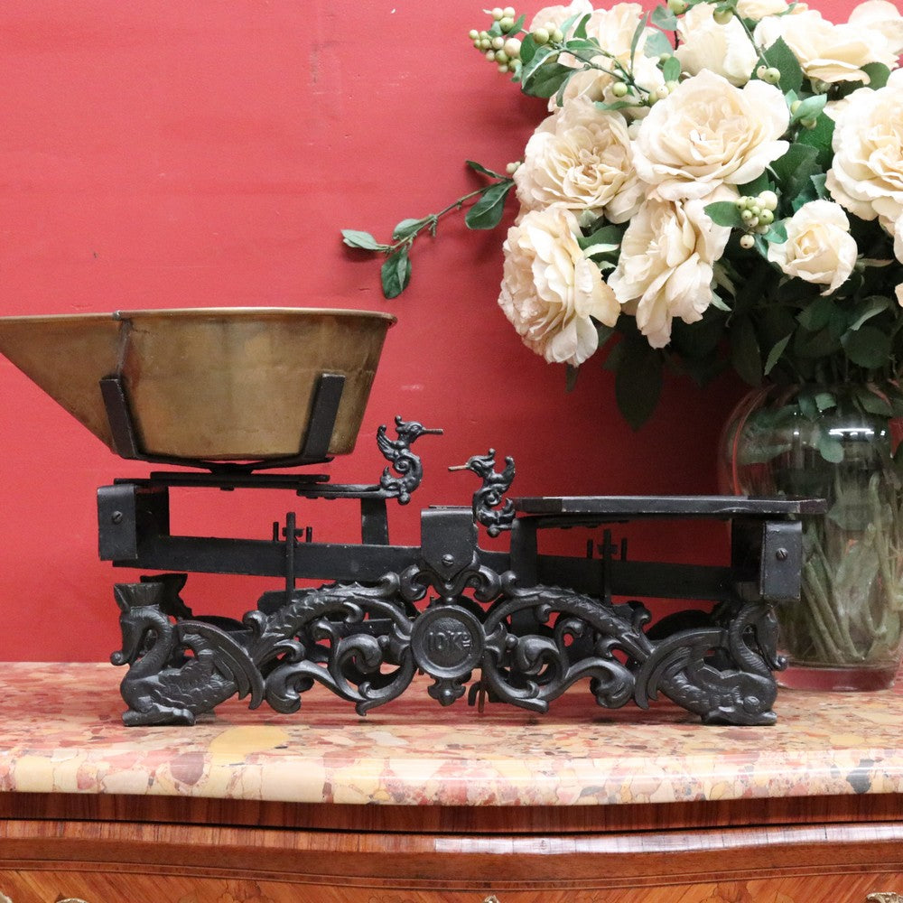 x SOLD Antique French Cast Iron and Brass Pan Kitchen or Shop Display Scales. B12096