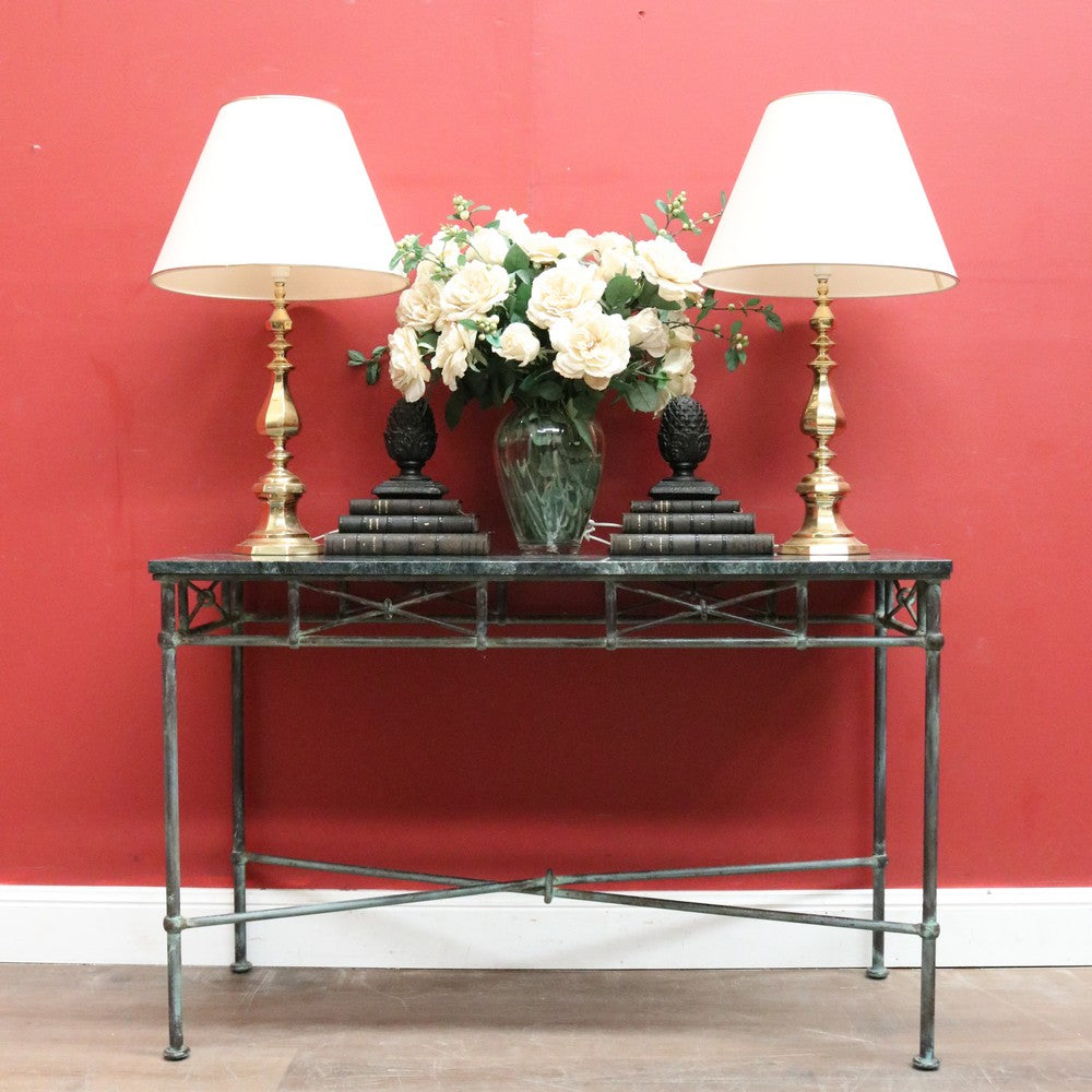 x SOLD Vintage Marble Top Hall Table with Verdigris Bronze over Wrought Iron Base, Entry Foyer Table. B12186