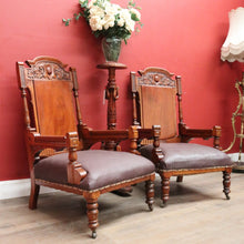 Load image into Gallery viewer, Pair of Antique Mahogany and Leather Armchairs, Carved detail, Castors. B12189
