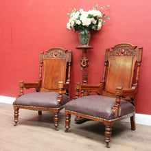 Load image into Gallery viewer, Pair of Antique Mahogany and Leather Armchairs, Carved detail, Castors. B12189
