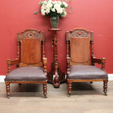 Load image into Gallery viewer, Pair of Antique Mahogany and Leather Armchairs, Carved detail, Castors. B12189
