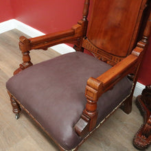 Load image into Gallery viewer, Pair of Antique Mahogany and Leather Armchairs, Carved detail, Castors. B12189
