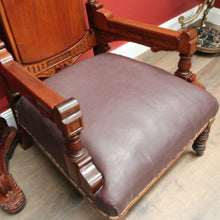 Load image into Gallery viewer, Pair of Antique Mahogany and Leather Armchairs, Carved detail, Castors. B12189
