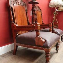 Load image into Gallery viewer, Pair of Antique Mahogany and Leather Armchairs, Carved detail, Castors. B12189
