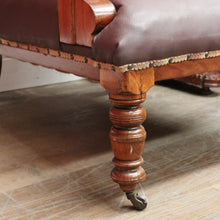 Load image into Gallery viewer, Pair of Antique Mahogany and Leather Armchairs, Carved detail, Castors. B12189
