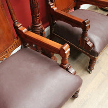 Load image into Gallery viewer, Pair of Antique Mahogany and Leather Armchairs, Carved detail, Castors. B12189
