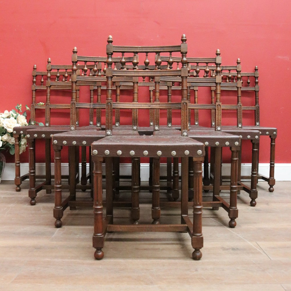 Set of 10 Antique French Dining Chairs, Leather and Pressed Leather Kitchen Chairs. B12191