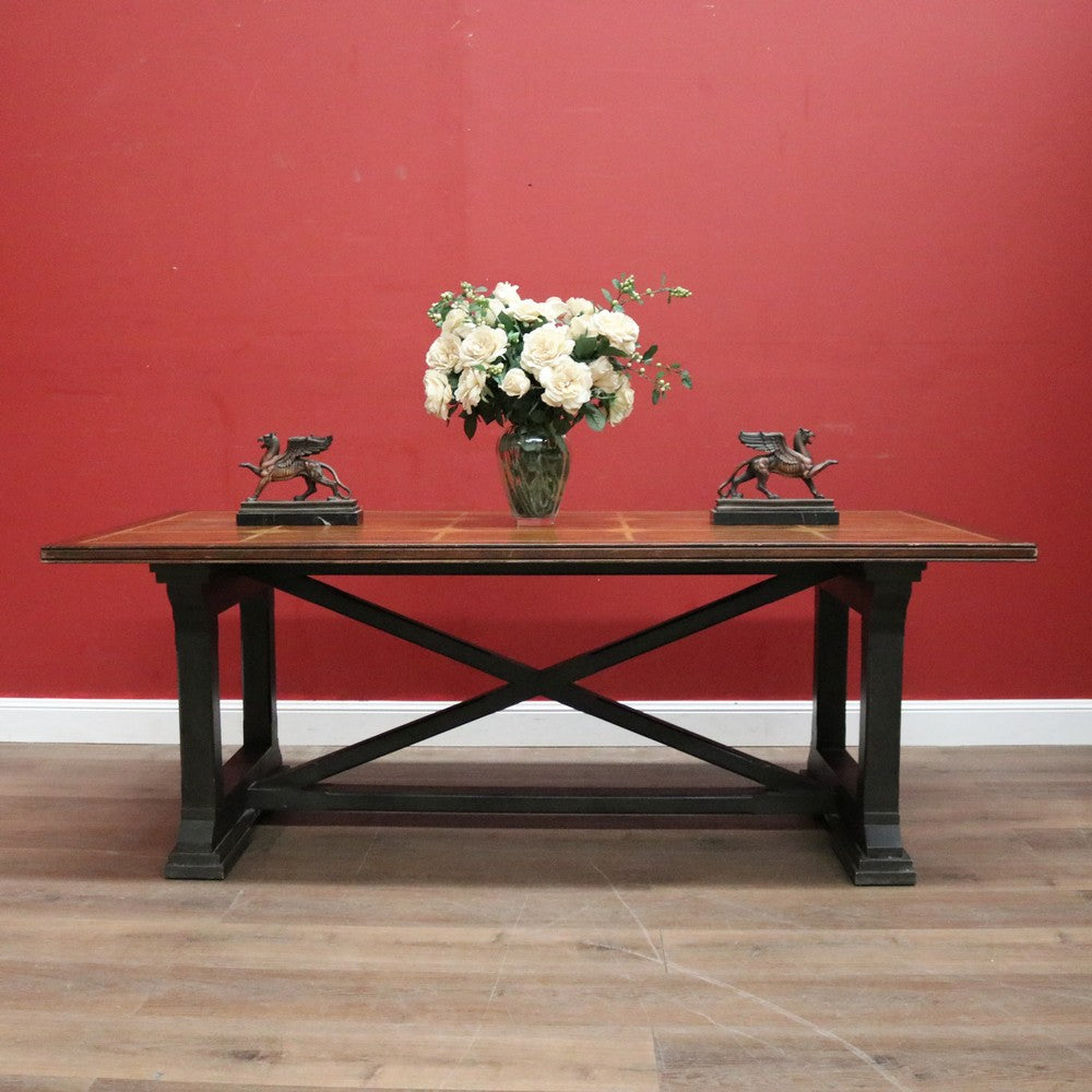 Cross Stretcher Base Dining Table or Kitchen Table with Stone Inlay Pattern Top. B12182