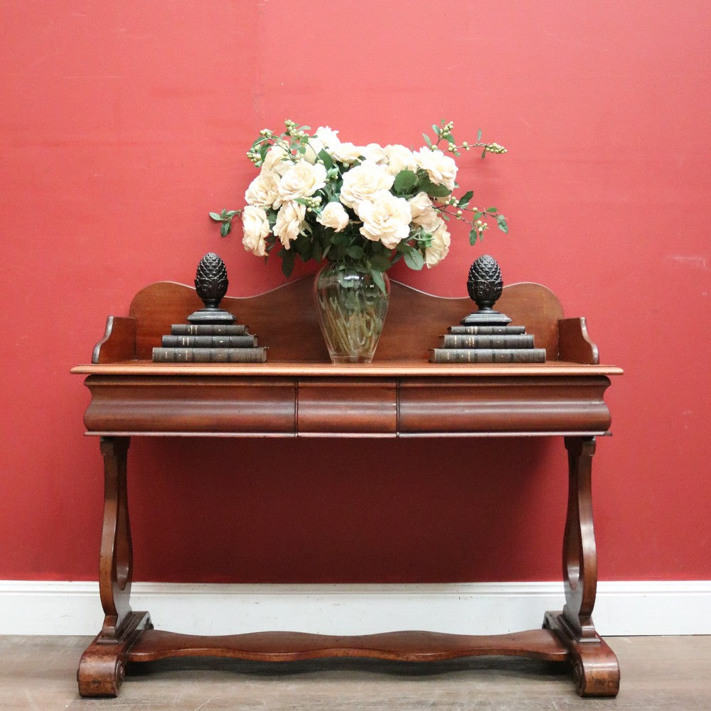 Antique English Mahogany Hall Table or Side, Sofa Table with a single Drawer and Shaped Backboard. B12202